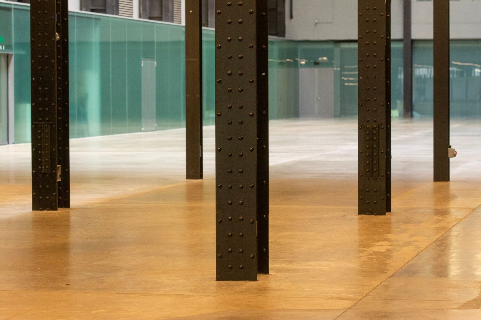 Industrial interior with steel columns and a polished concrete floor reflecting the light