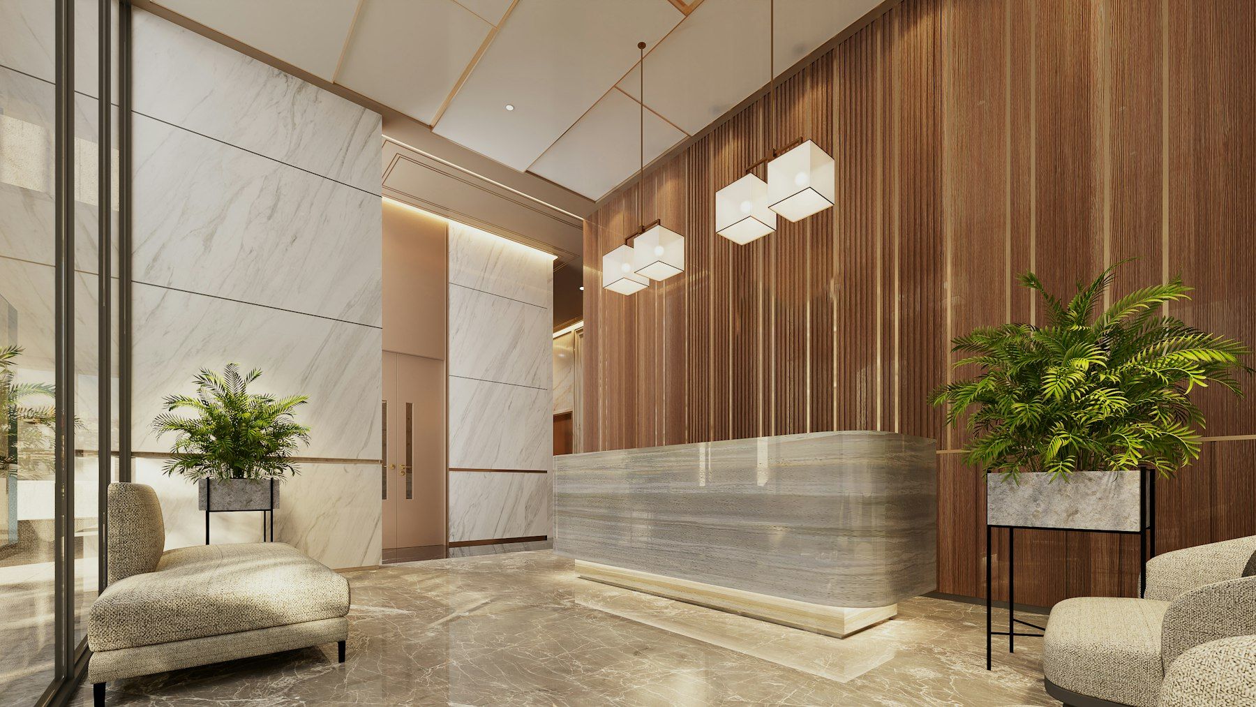 Spotless, professionally maintained commercial lobby with marble floors