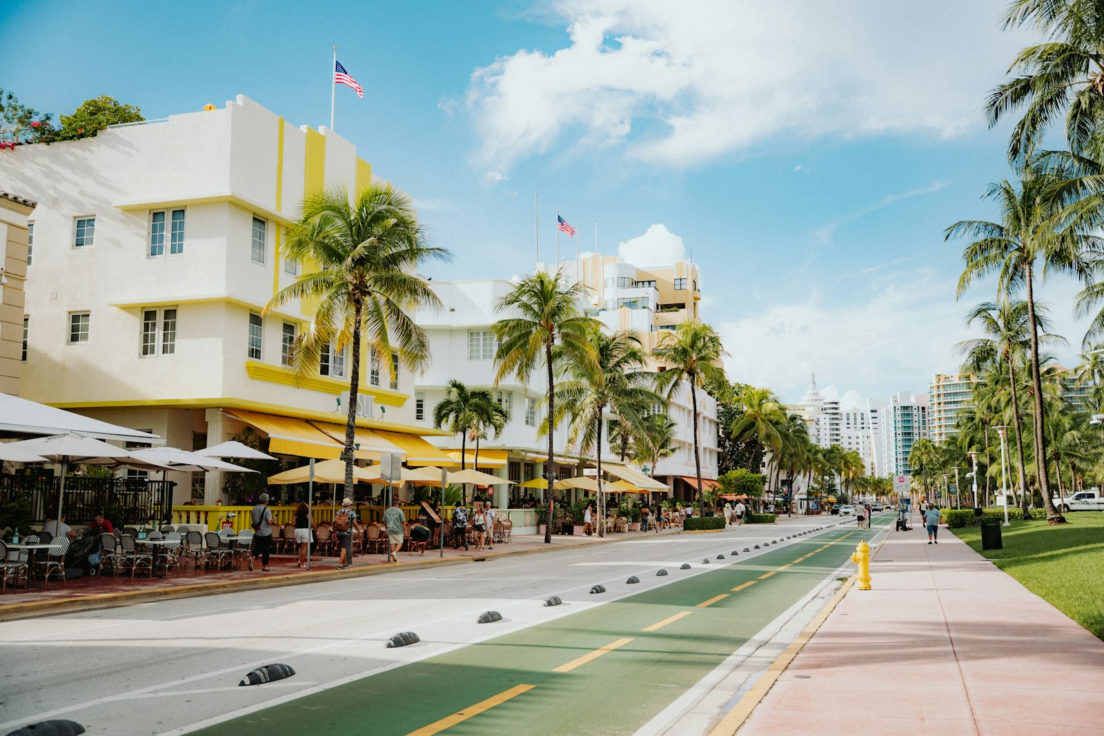 Tropical Miami street with palms and Mediterranean-style buildings