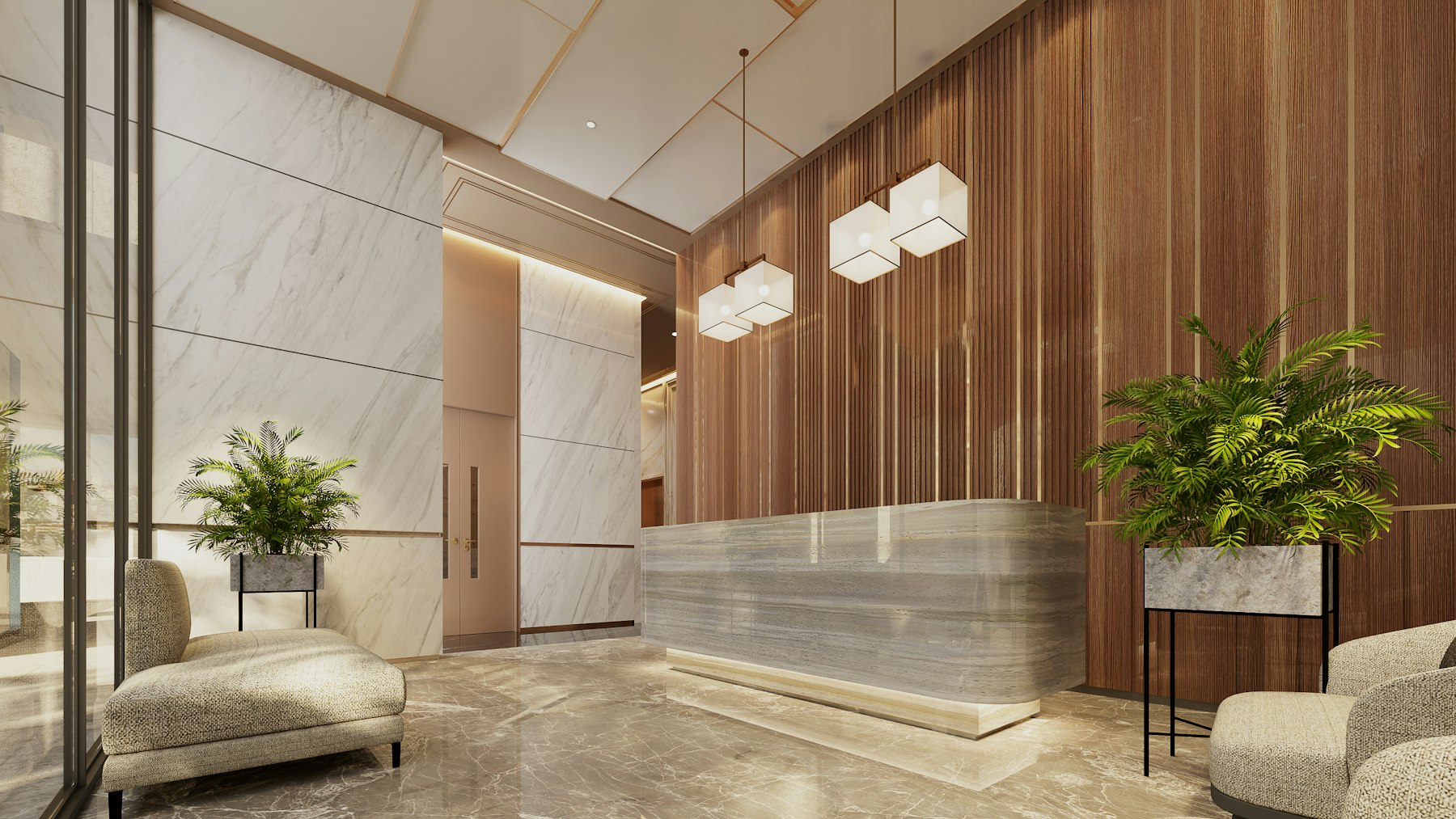 Spotless, professionally maintained commercial lobby with marble floors