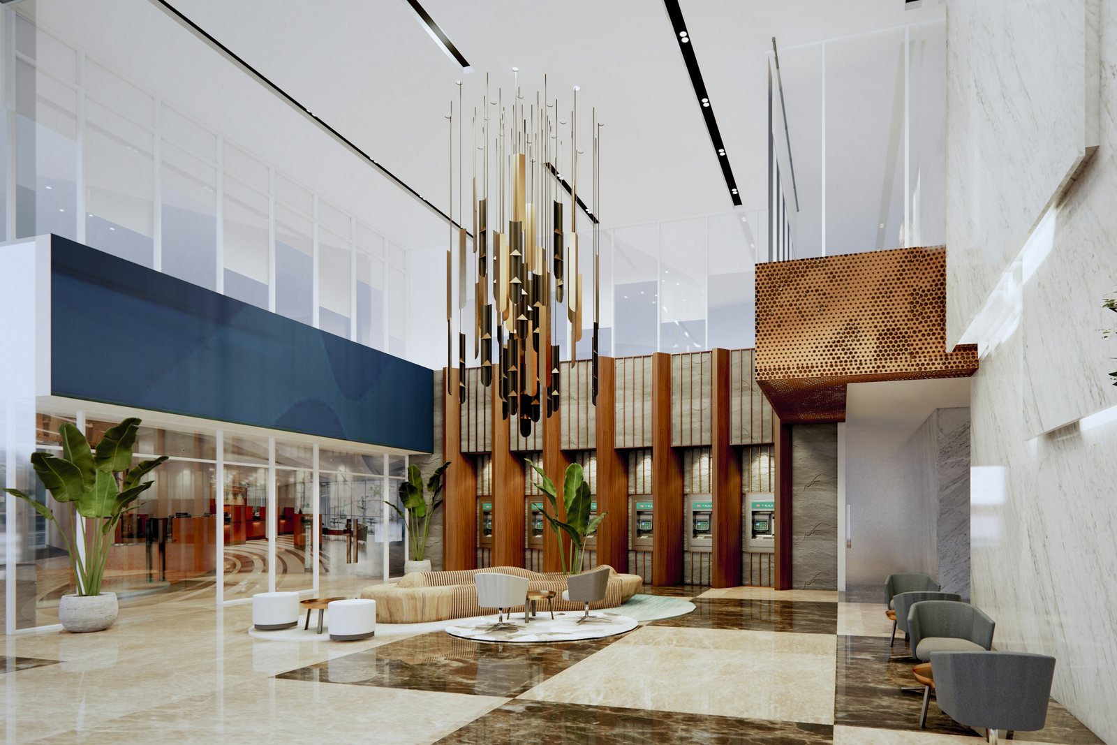 Bank branch interior with ATM wall, customer seating and a polished floor