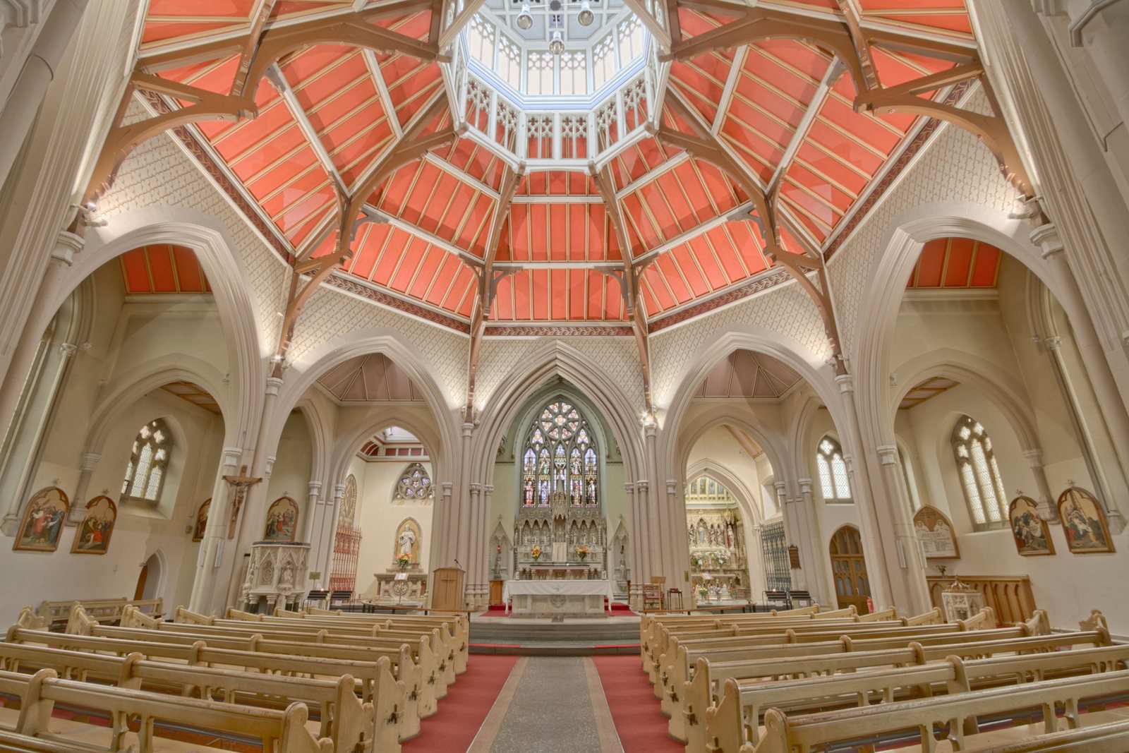 Church sanctuary with pews and altar, reset and ready before a service
